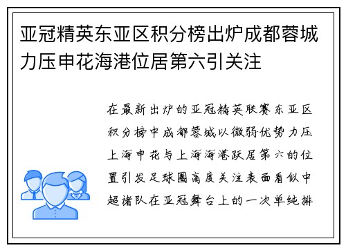 亚冠精英东亚区积分榜出炉成都蓉城力压申花海港位居第六引关注